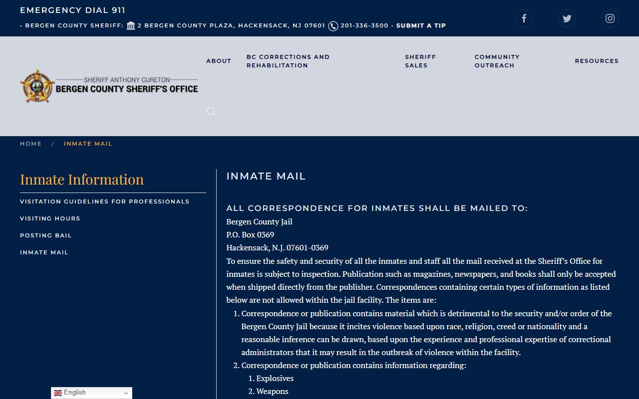Bergen County Jail inmate mail address and restrictions for custody records