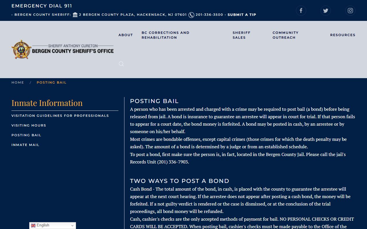 Bergen County Jail posting bail instructions for Passaic County inmate release