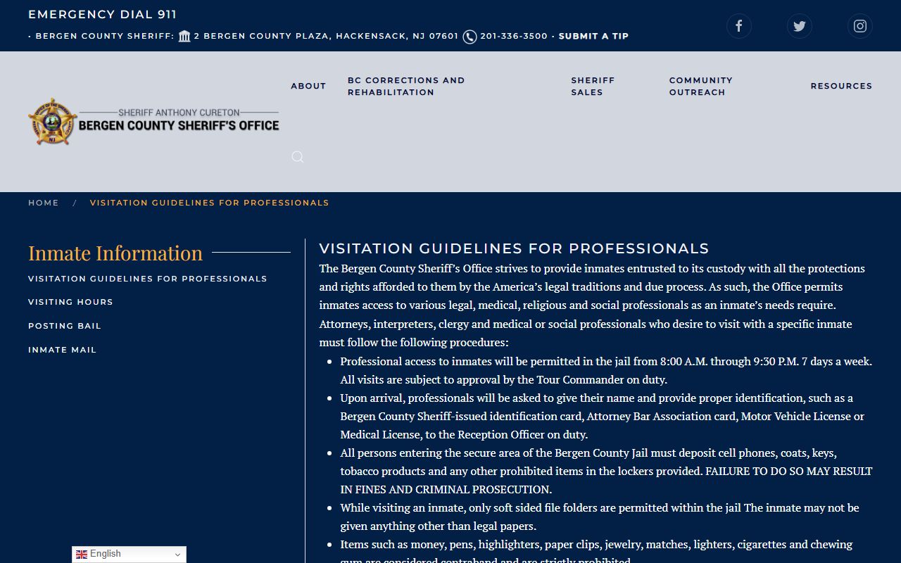 Bergen County Jail professional visitation rules for inmate custody visits