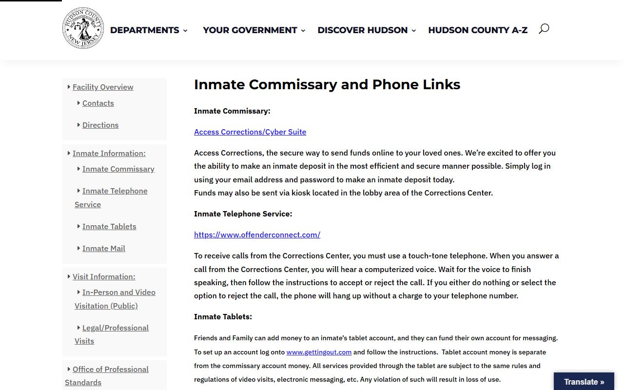 Hudson County Adult Correctional Center commissary phone and tablet information for inmate services