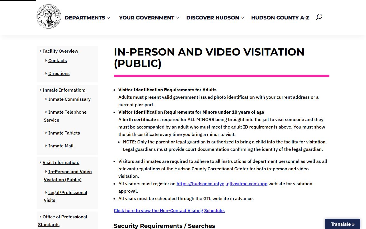 Hudson County Adult Correctional Center in-person visitation rules for inmate visits