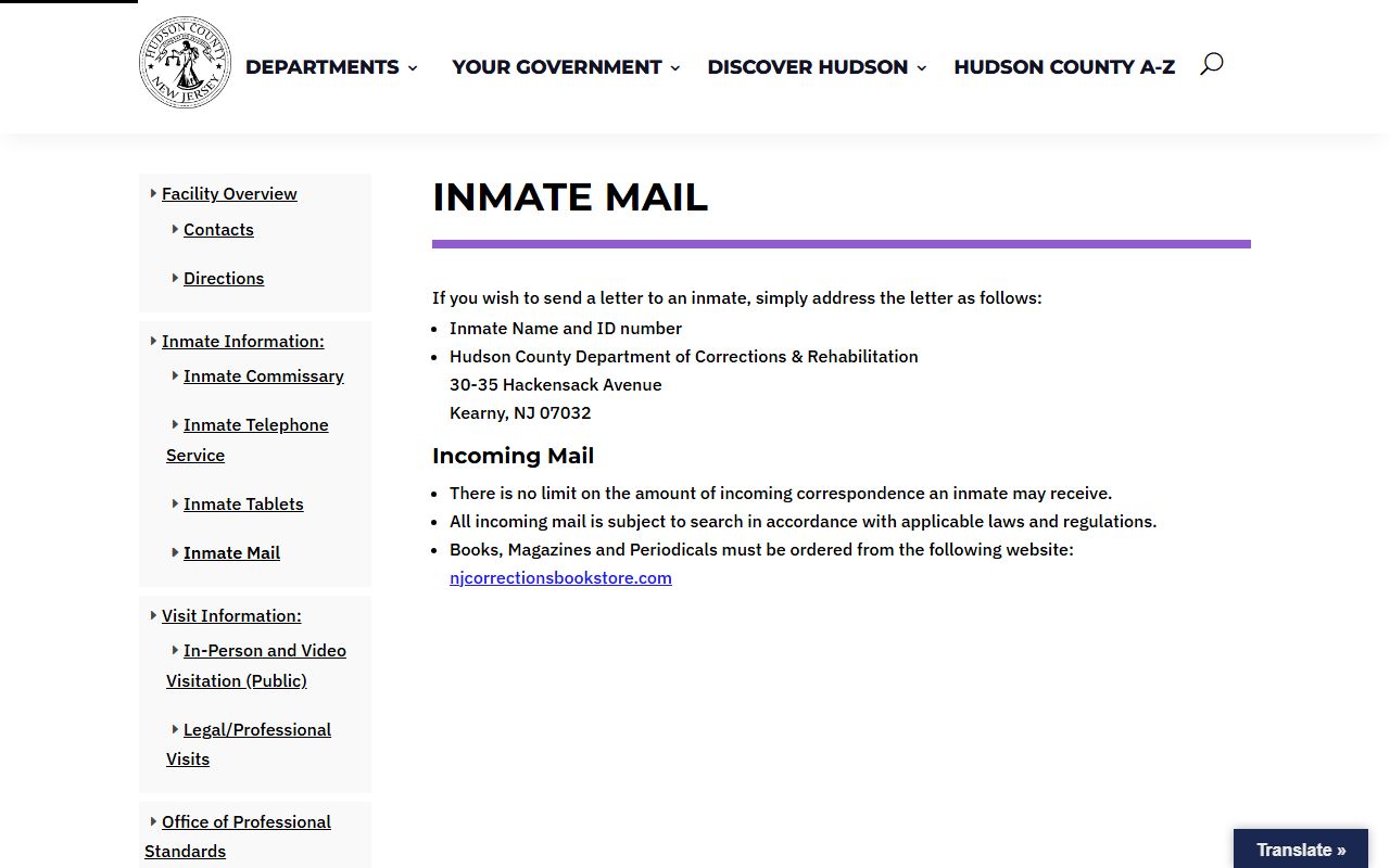 Hudson County Adult Correctional Center inmate mail address format and search notice