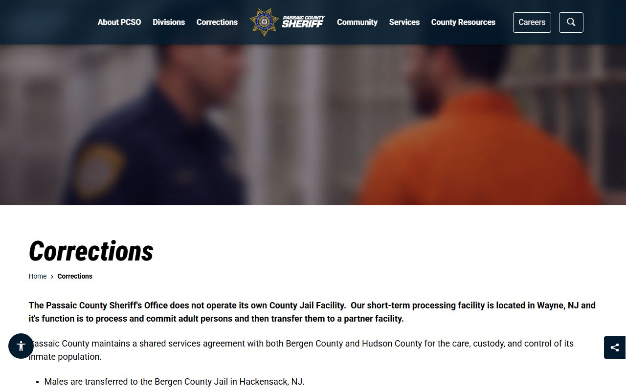 Passaic County inmate population transfer policy on the sheriff corrections page
