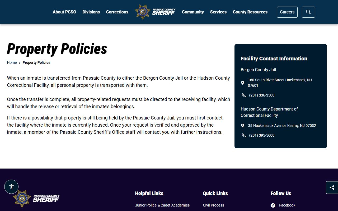 Passaic County Sheriff's Office facility contact information for Bergen and Hudson custody