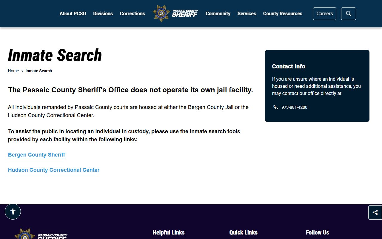 Passaic County inmate search landing page for Bergen and Hudson custody routing